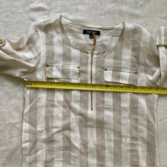 100% LINEN Ellen Tracy Striped Coastal Grandma Neutral Long Tunic Top Size S - Picture 14 of 14